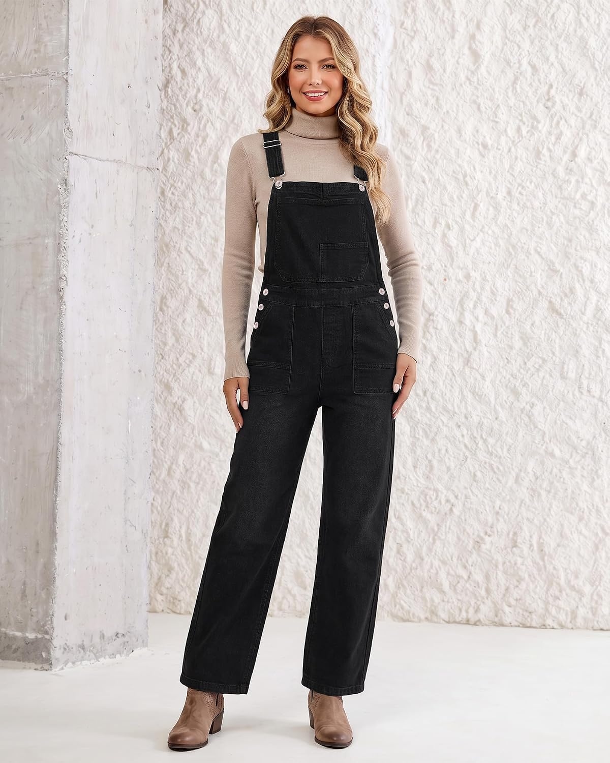 image:imageLookbookStore Denim Overalls for Women Stretchy Straight Leg Bib JumpsuitsWashed Black