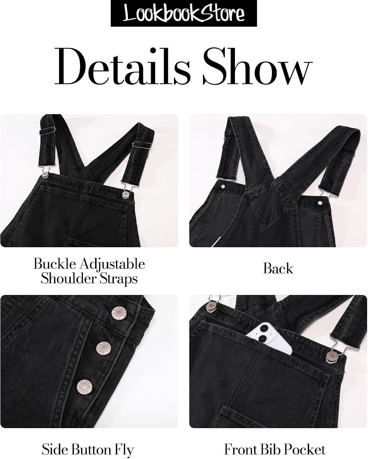 image:imageLookbookStore Denim Overalls for Women Stretchy Straight Leg Bib JumpsuitsWashed Black