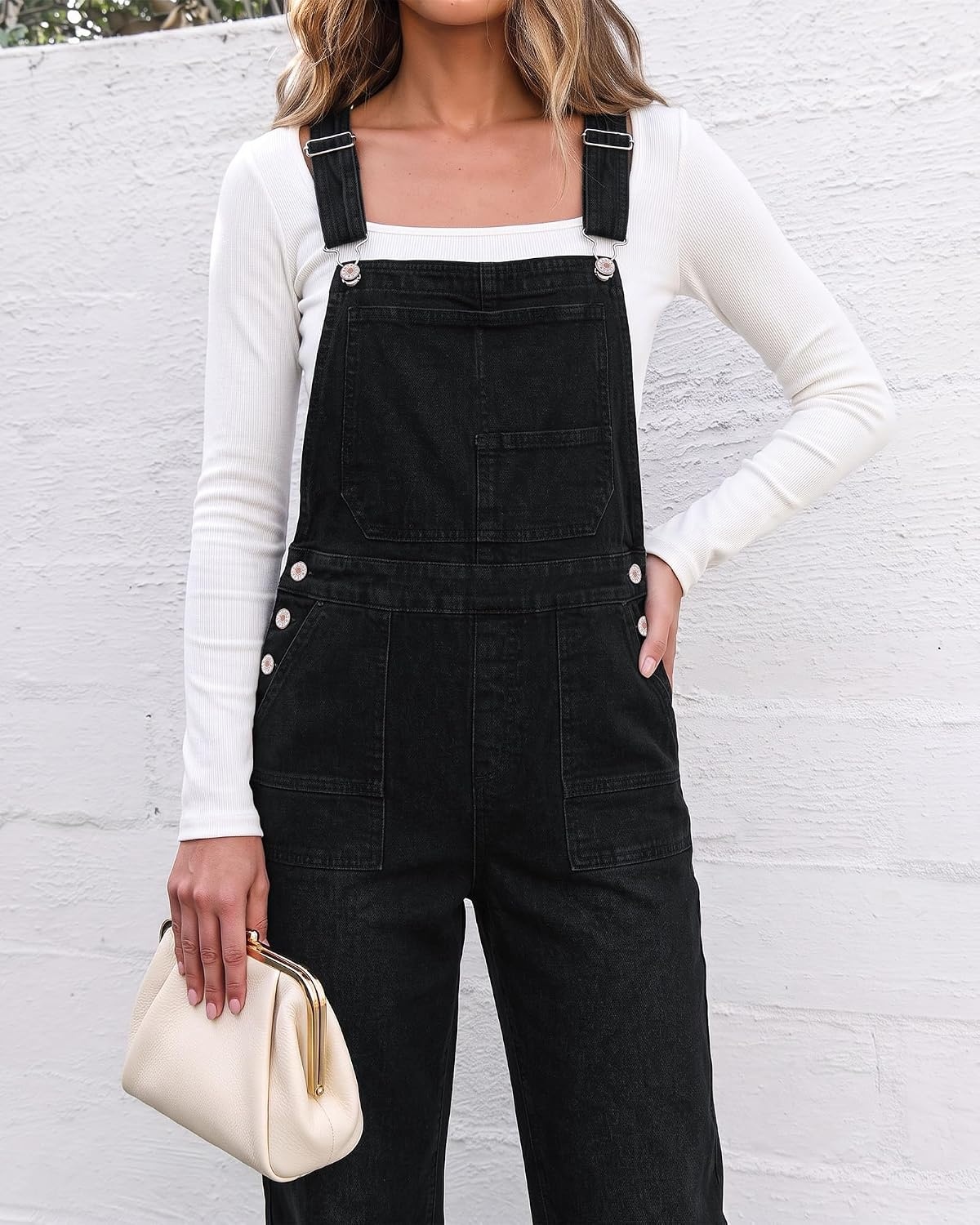 image:imageLookbookStore Denim Overalls for Women Stretchy Straight Leg Bib JumpsuitsWashed Black