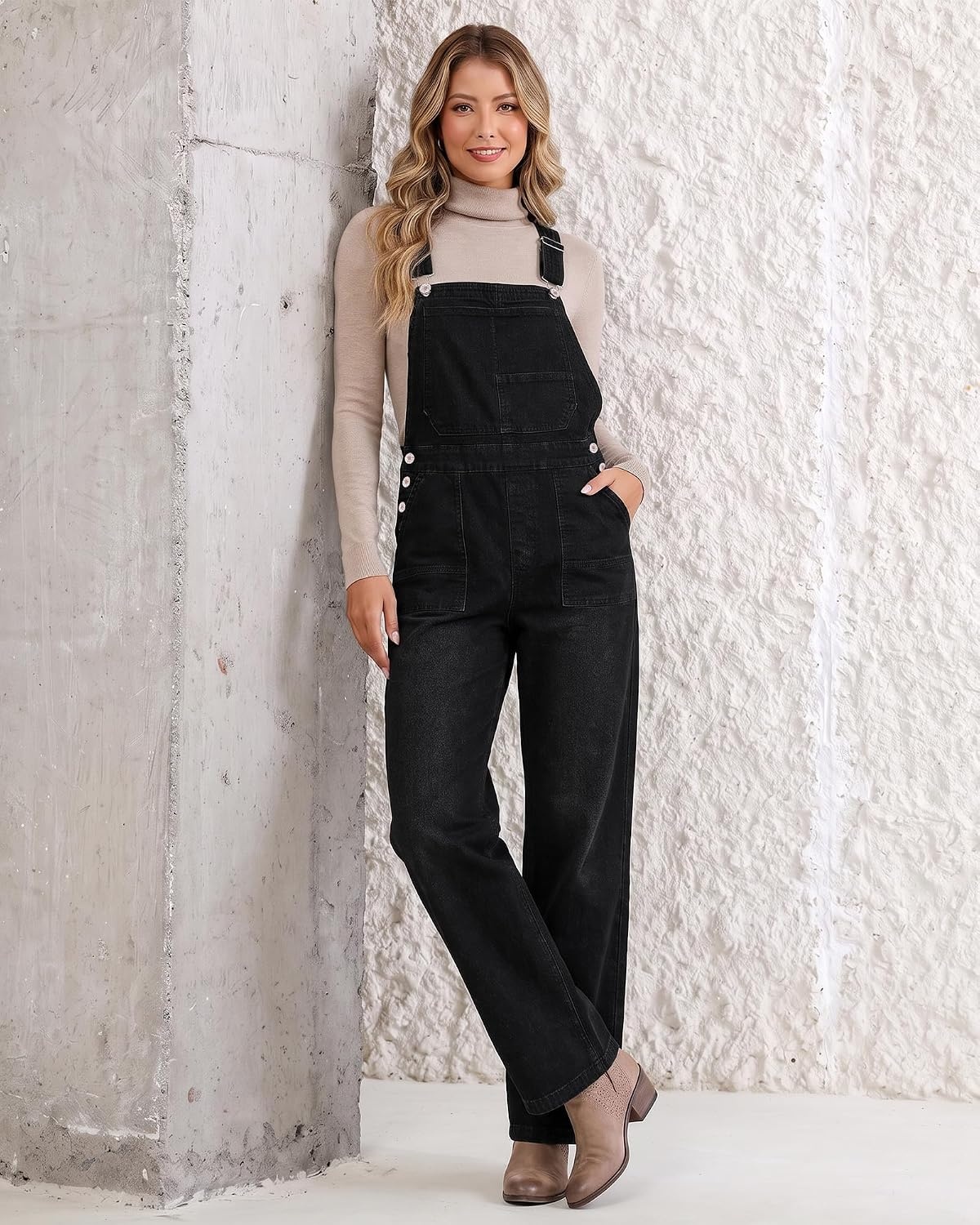 image:imageLookbookStore Denim Overalls for Women Stretchy Straight Leg Bib JumpsuitsWashed Black