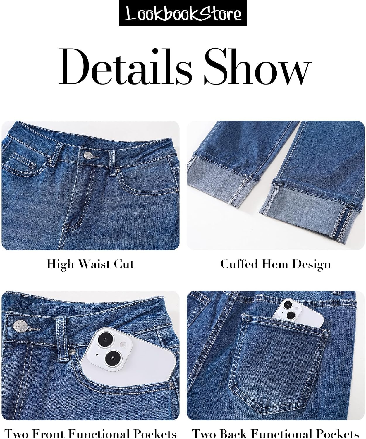 image:imageLookbookStore Straight Leg Jeans for Women Capri High Waisted Denim PantsClassic Blue