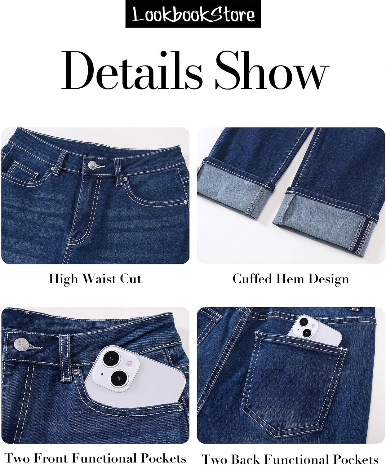 image:imageLookbookStore Straight Leg Jeans for Women Capri High Waisted Denim PantsDarkness Blue