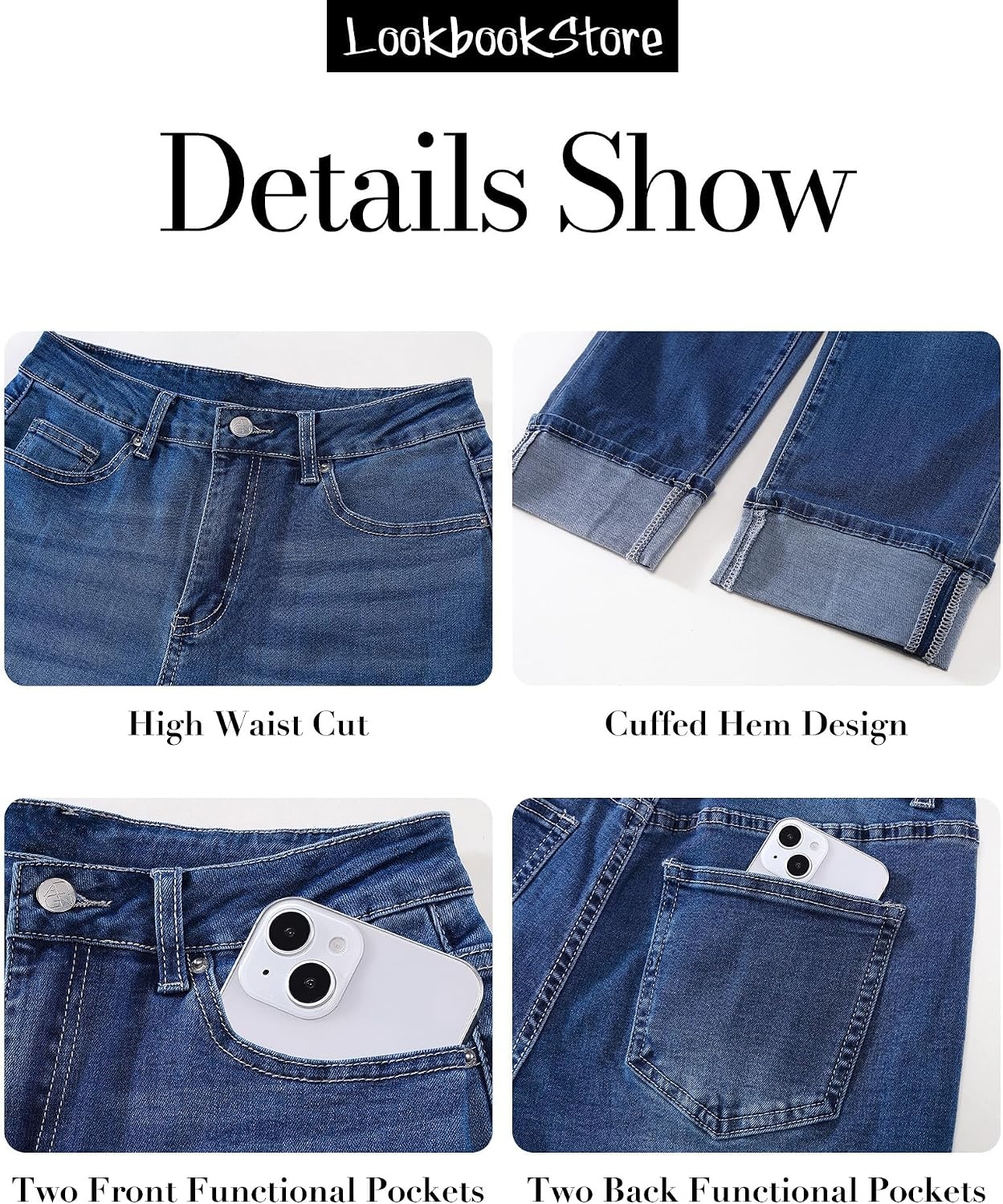 image:imageLookbookStore Straight Leg Jeans for Women Capri High Waisted Denim PantsNightfall Blue
