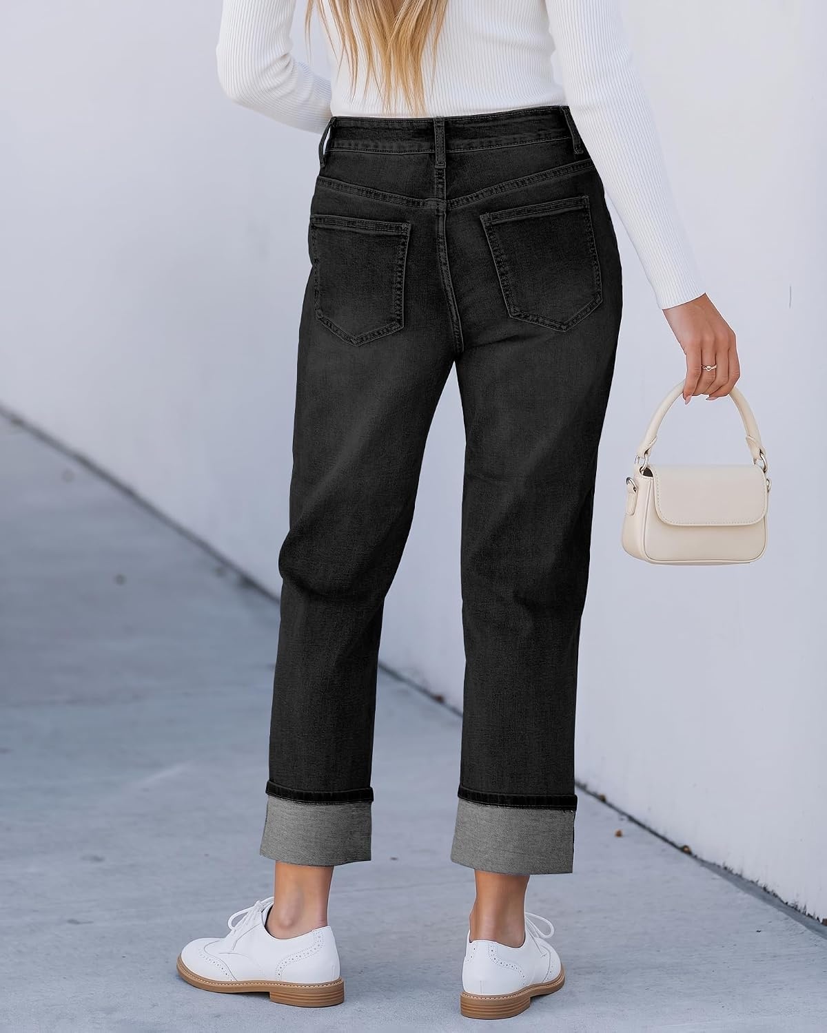 image:imageLookbookStore Straight Leg Jeans for Women Capri High Waisted Denim PantsWashed Black