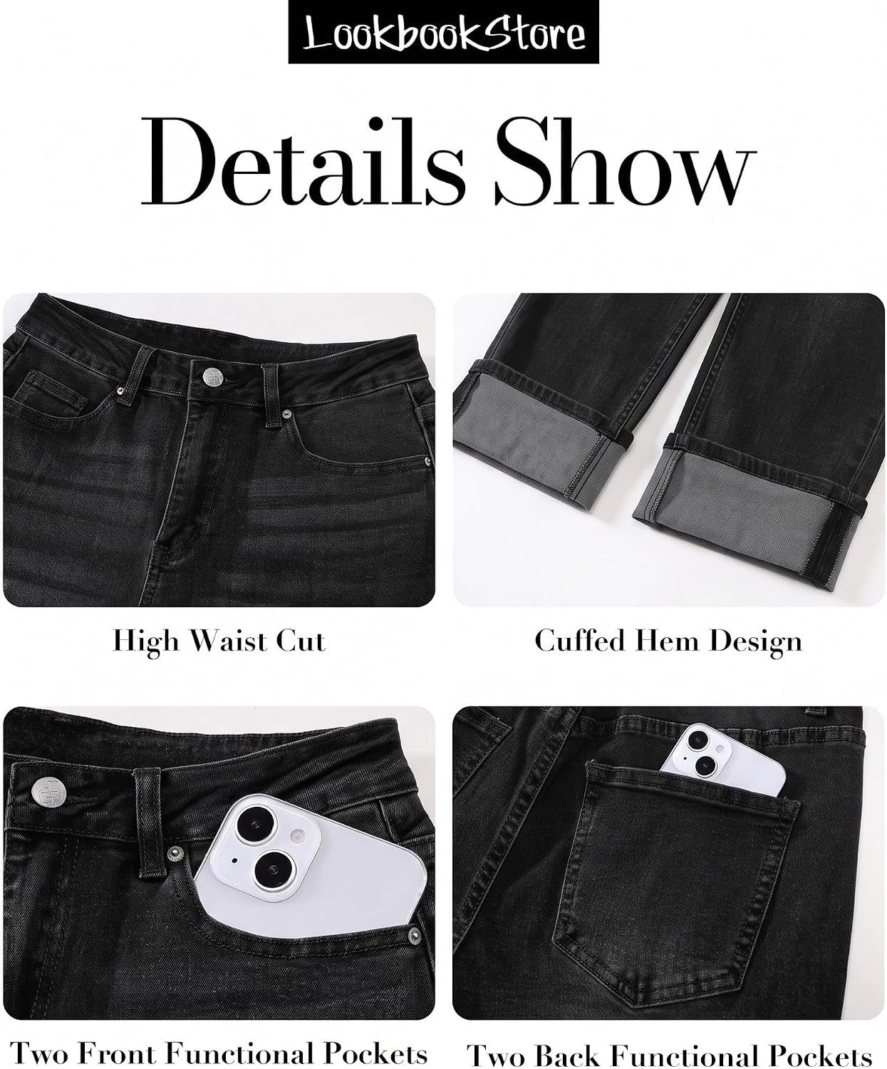 image:imageLookbookStore Straight Leg Jeans for Women Capri High Waisted Denim PantsWashed Black