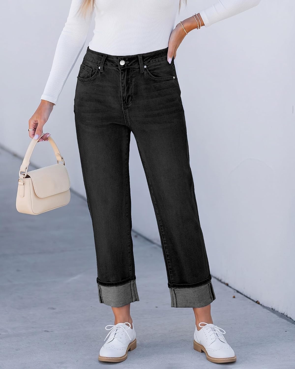 image:imageLookbookStore Straight Leg Jeans for Women Capri High Waisted Denim PantsWashed Black