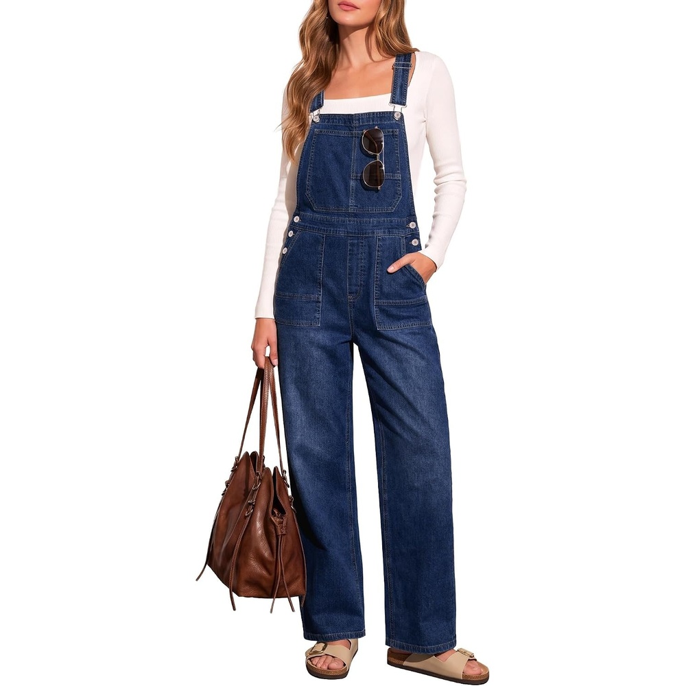 image:imageLookbookStore Denim Overalls for Women Stretchy Straight Leg Bib JumpsuitsClassic Blue