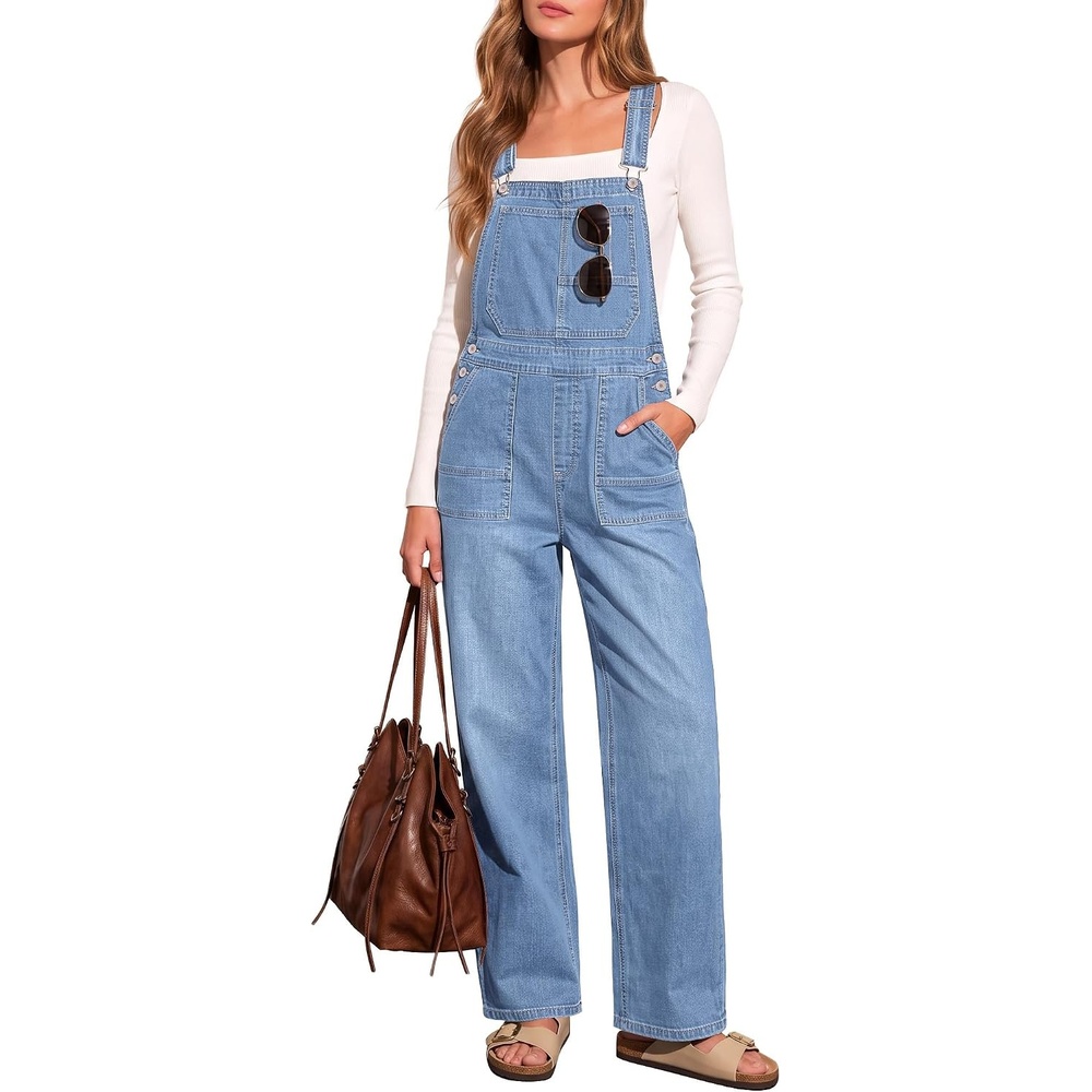 image:imageLookbookStore Denim Overalls for Women Stretchy Straight Leg Bib JumpsuitsCool Blue