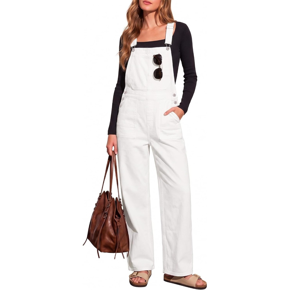 image:imageLookbookStore Denim Overalls for Women Stretchy Straight Leg Bib JumpsuitsCream White