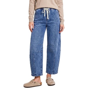 LookbookStore Barrel Jeans Women High Waisted Drawstring Crop Denim Pants(Midnight Blue)