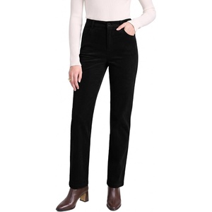 LookbookStore Corduroy Pants Women Straight Leg High Waist Casual Trousers(Black)