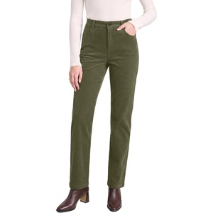 LookbookStore Corduroy Pants Women Straight Leg High Waist Casual Trousers(Olive Green)