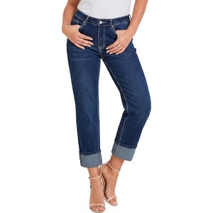 LookbookStore Straight Leg Jeans for Women Capri High Waisted Denim Pants(Darkness Blue)