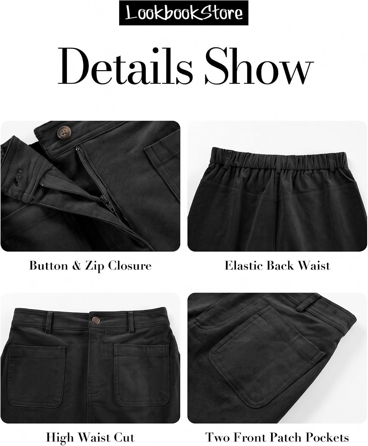 image:imageLookbookStore Corduroy Skirts for Women High Waisted Stretchy Short SkirtsBlack