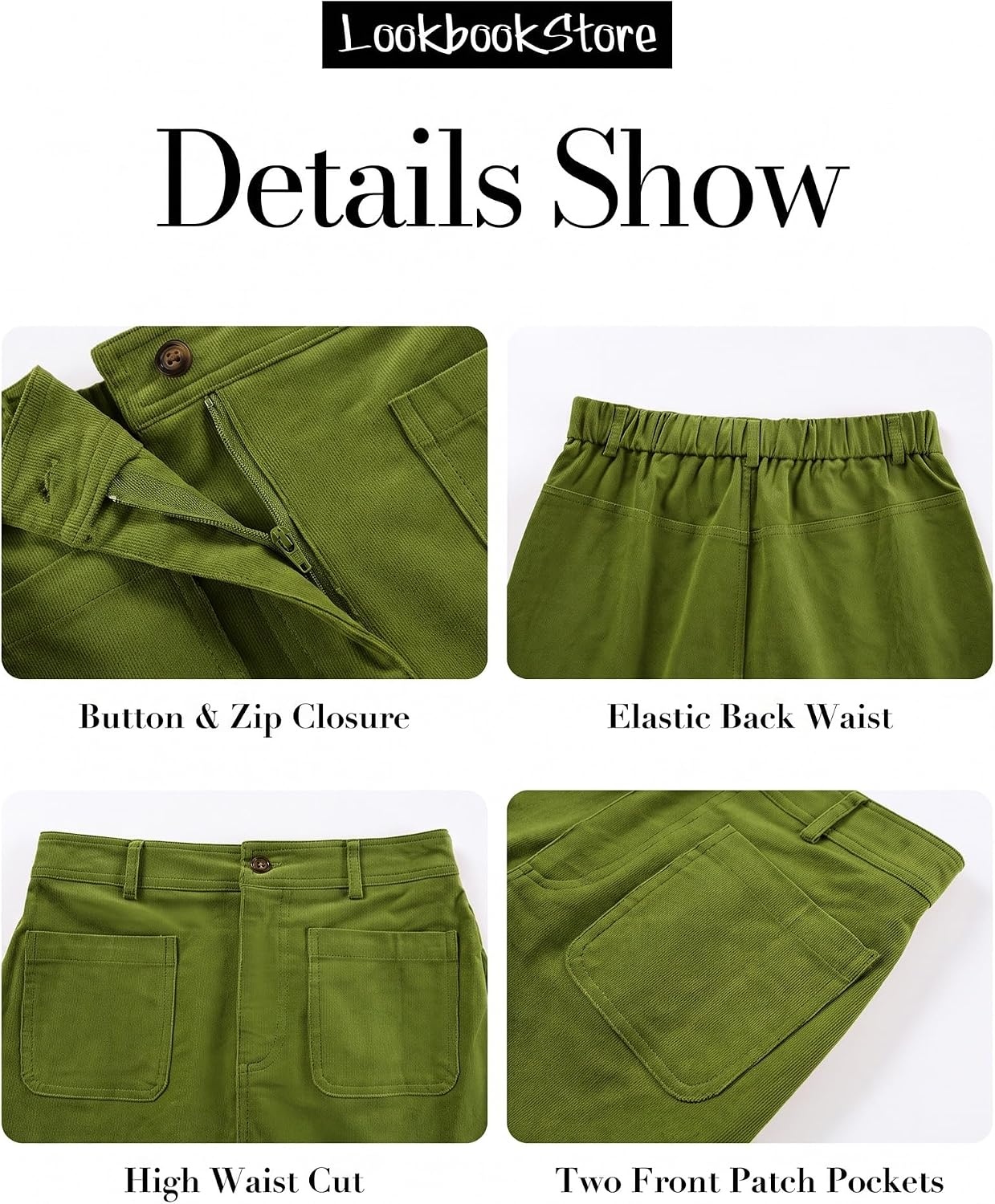 image:imageLookbookStore Corduroy Skirts for Women High Waisted Stretchy Short SkirtsOlive Green