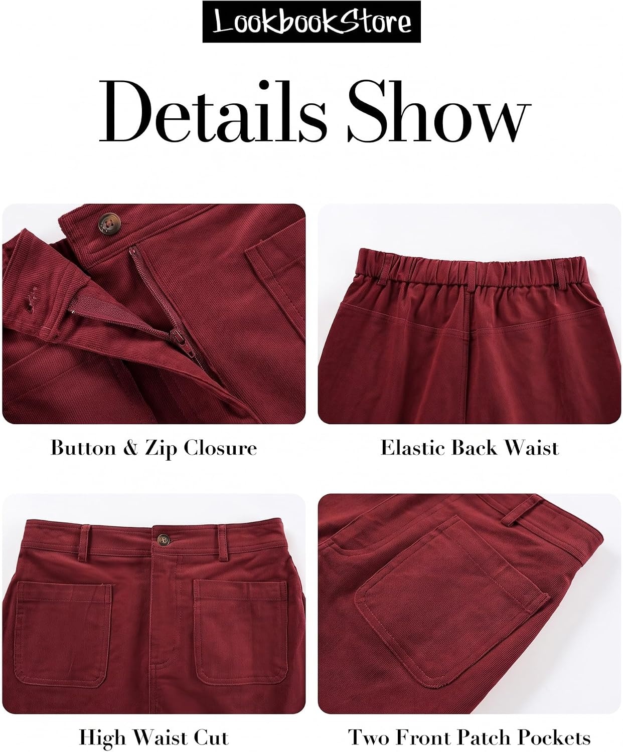 image:imageLookbookStore Corduroy Skirts for Women High Waisted Stretchy Short SkirtsWine Red
