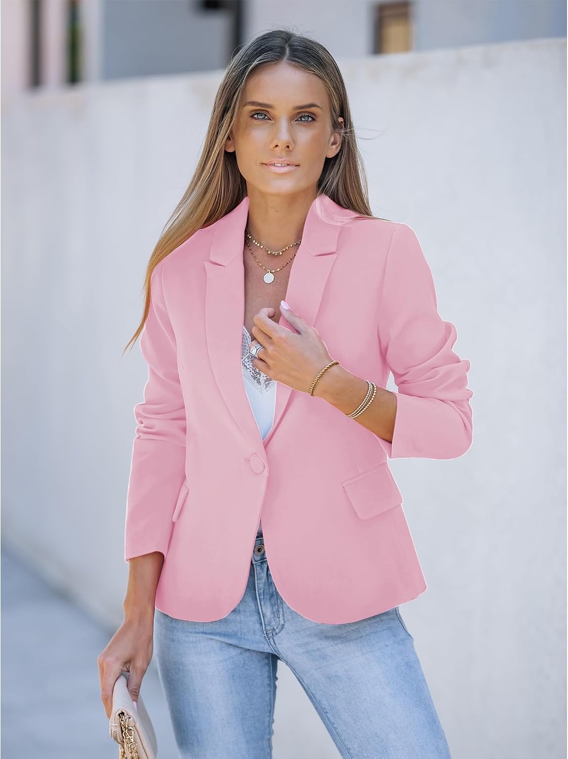 image:imageLookbookStore Blazers for Women Business Casual Long Sleeves Suit JacketsCandy Pink