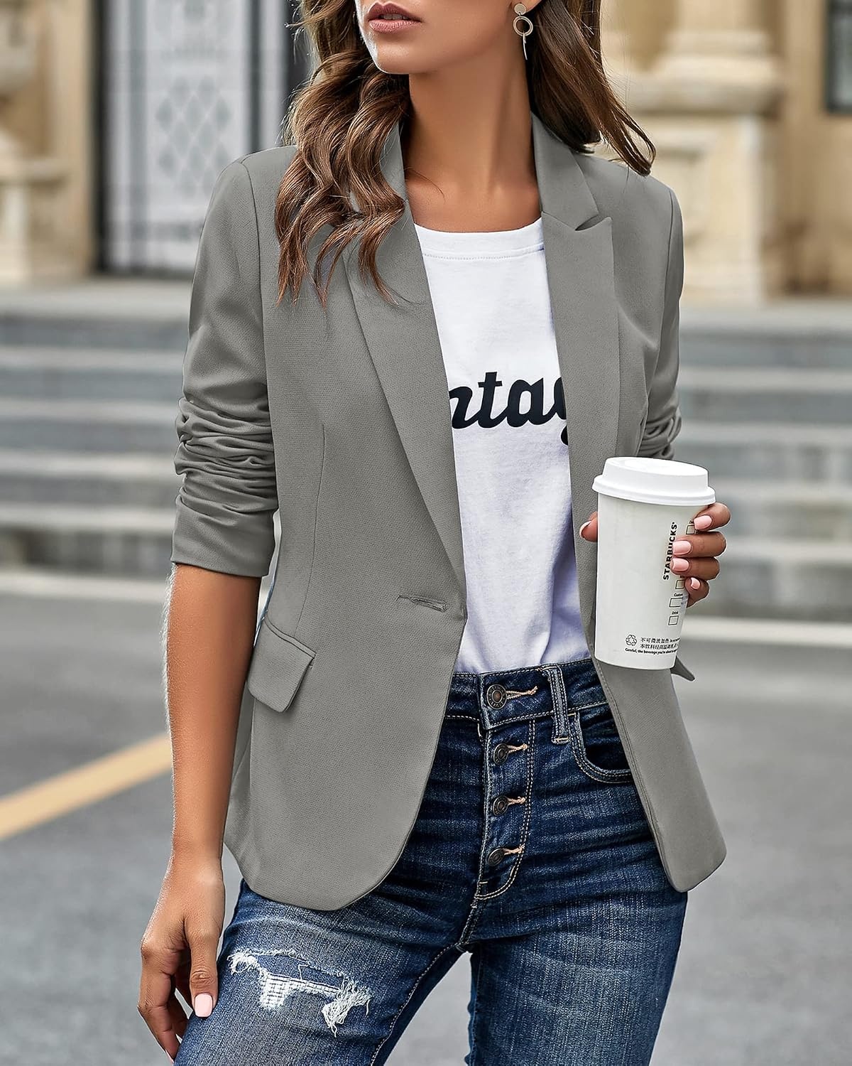 image:imageLookbookStore Blazers for Women Business Casual Long Sleeves Suit JacketsGrey