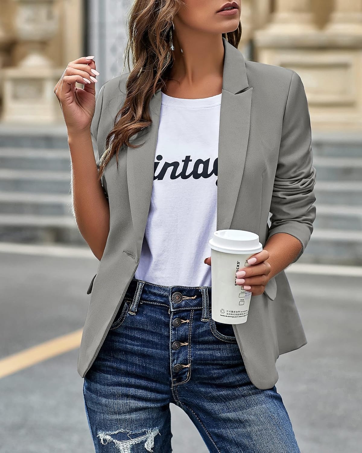 image:imageLookbookStore Blazers for Women Business Casual Long Sleeves Suit JacketsGrey