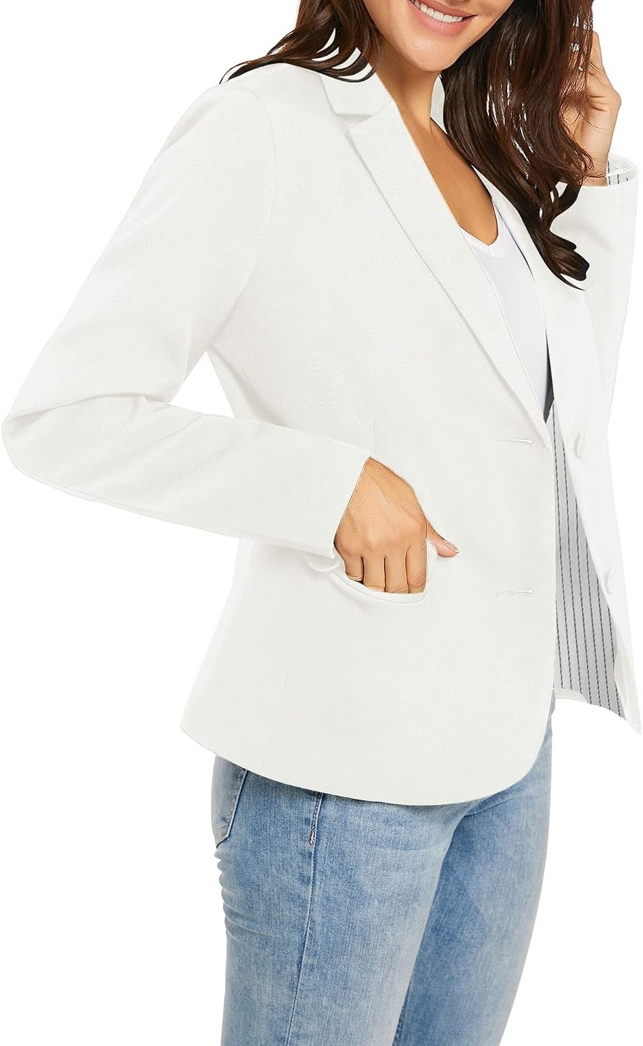 image:imageLookbookStore Blazers for Women Business Casual Long Sleeves Suit JacketsTwo Buttons Brilliant White W Striped Lining