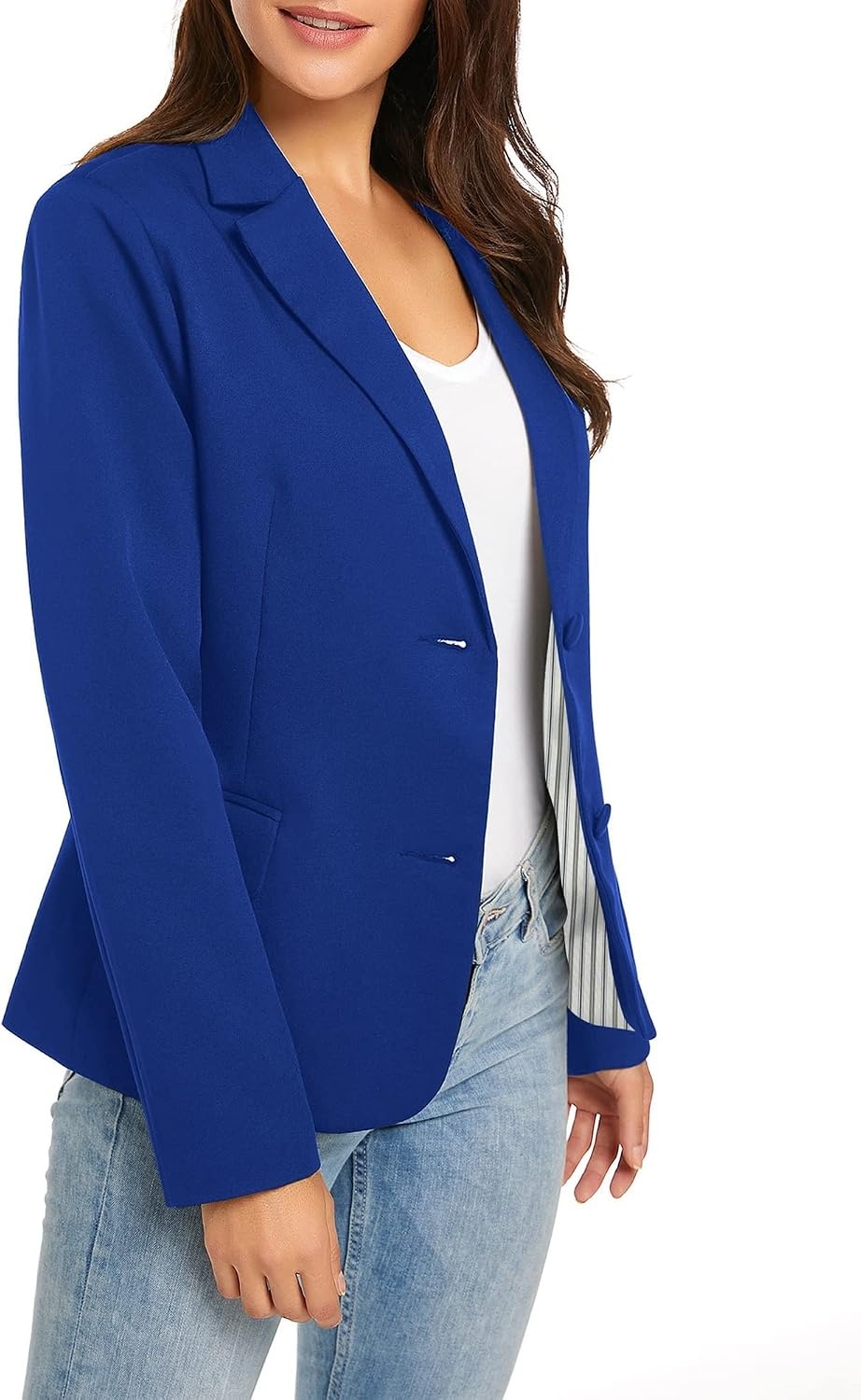 image:imageLookbookStore Blazers for Women Business Casual Long Sleeves Suit JacketsTwo Buttons Lapis Blue W Striped Lining
