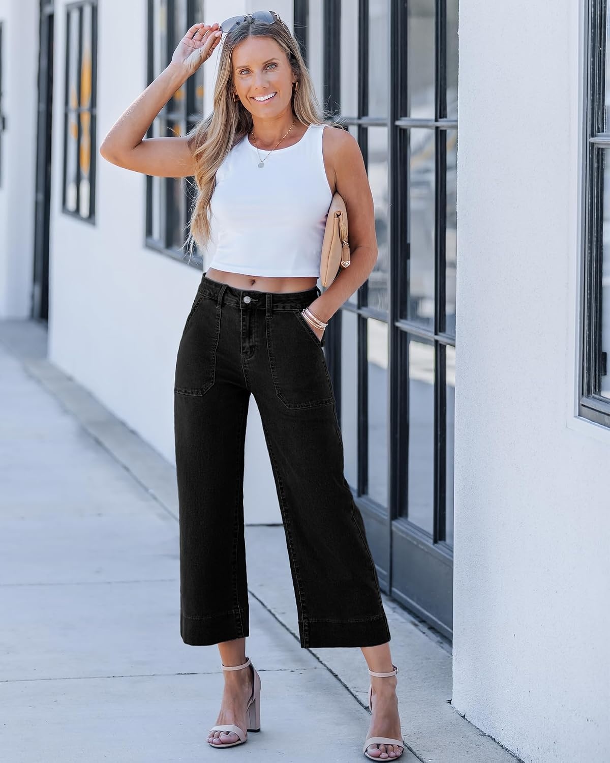 image:imageLookbookStore Capri Jeans for Women Wide Leg Trendy High Waisted Baggy Straight Casual Summer Stretch Denim Capris PantsWashed Black