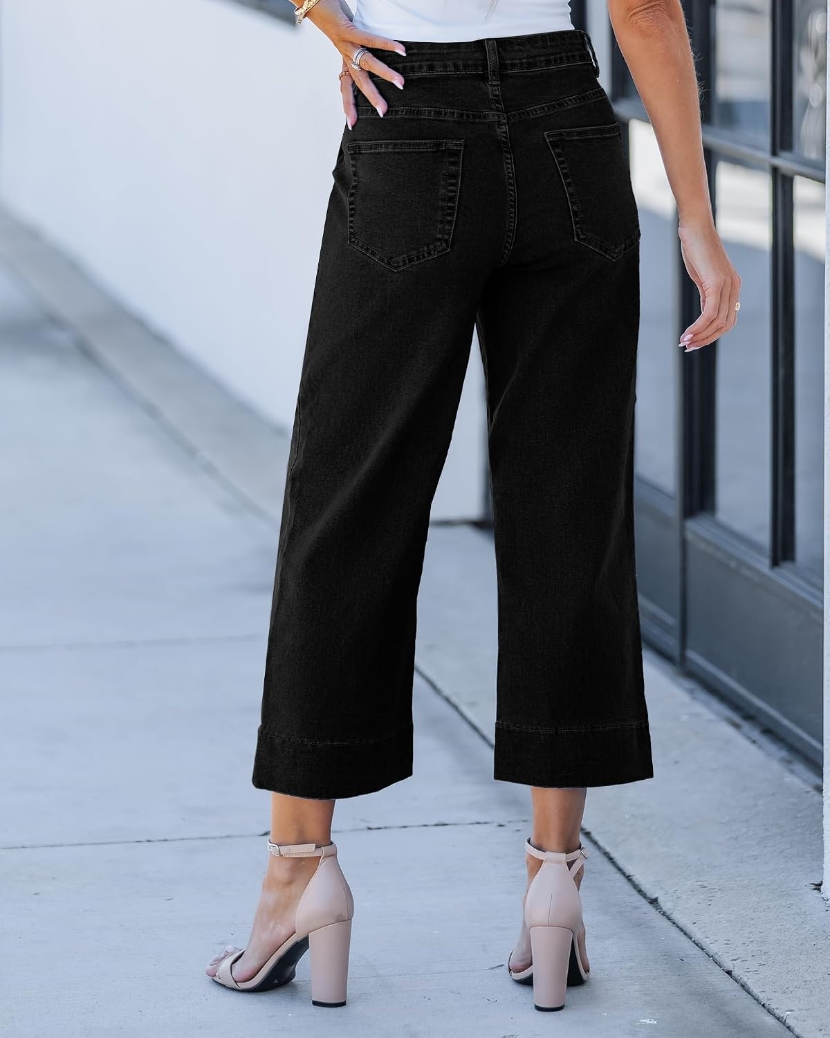 image:imageLookbookStore Capri Jeans for Women Wide Leg Trendy High Waisted Baggy Straight Casual Summer Stretch Denim Capris PantsWashed Black