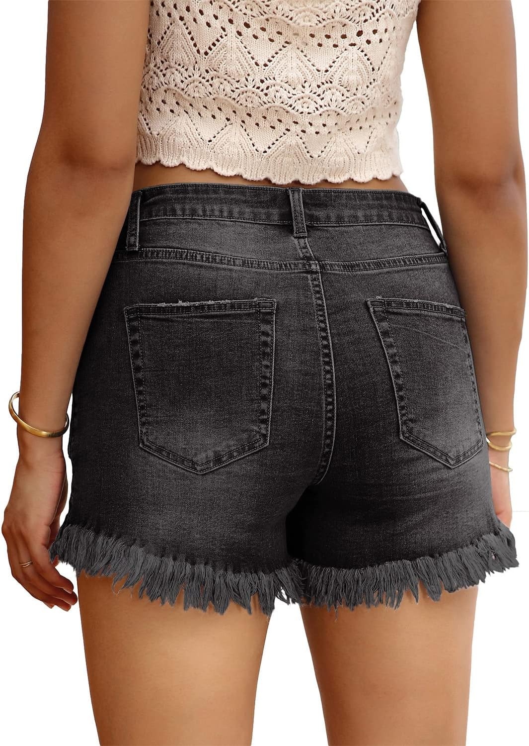 image:imageLookbookStore Womens Casual Mid Rise Ripped Denim Shorts Frayed Raw Hem JeansRaw Hem Black Z Black Onyx
