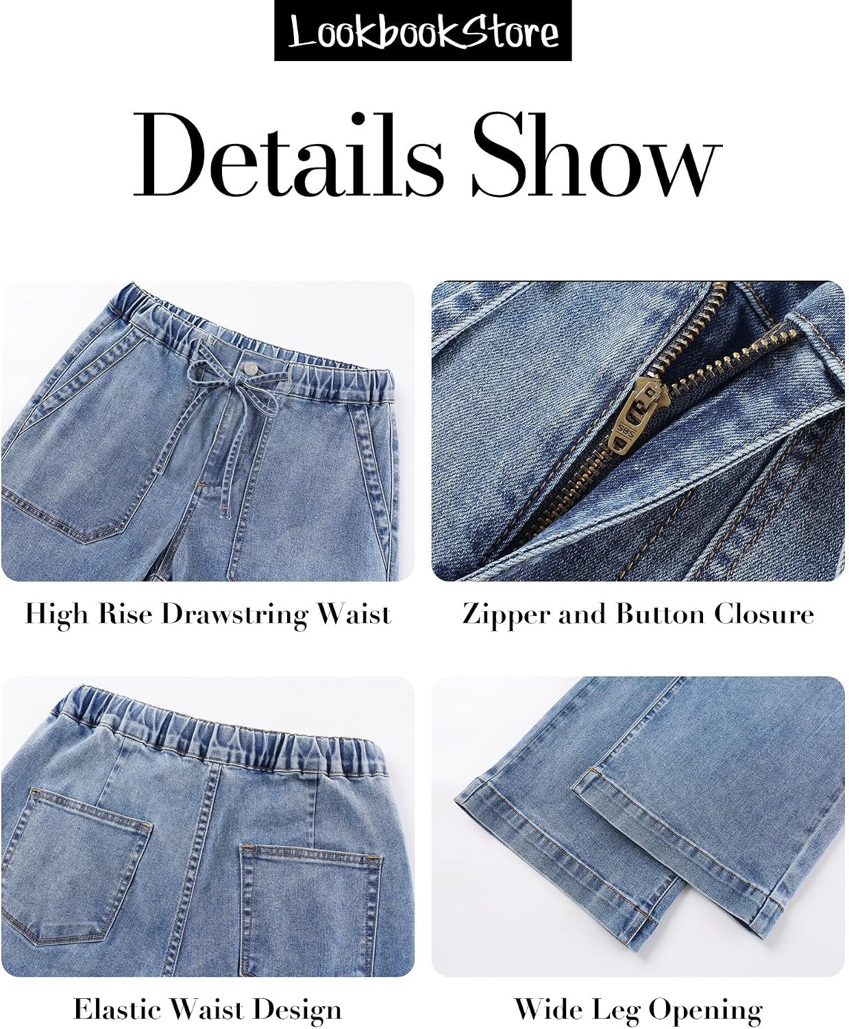 image:imageLookbookStore Drawstring Wide Leg Jeans for Women Baggy Pull On Denim PantsAfter Dust Blue