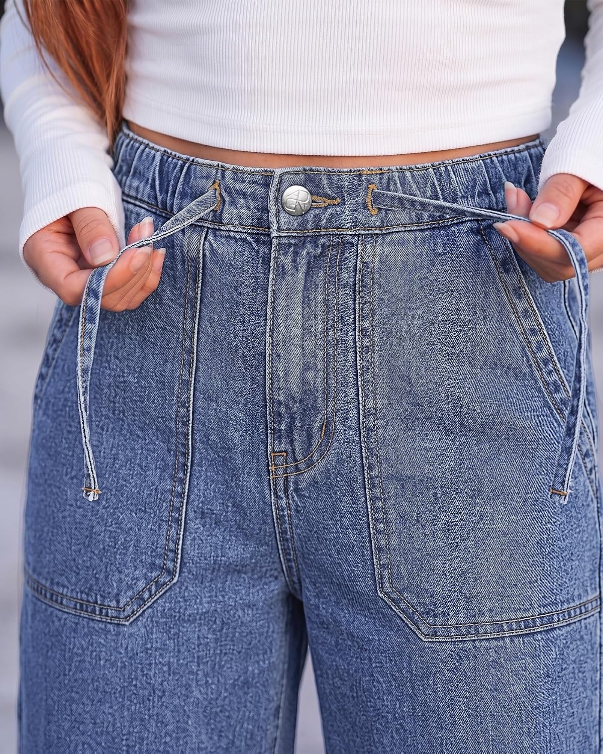 image:imageLookbookStore Drawstring Wide Leg Jeans for Women Baggy Pull On Denim PantsAfter Dust Blue