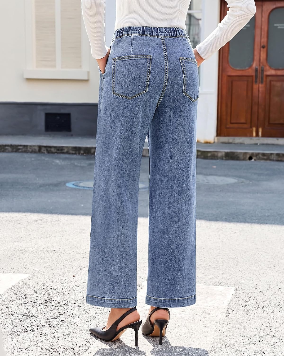 image:imageLookbookStore Drawstring Wide Leg Jeans for Women Baggy Pull On Denim PantsAfter Dust Blue