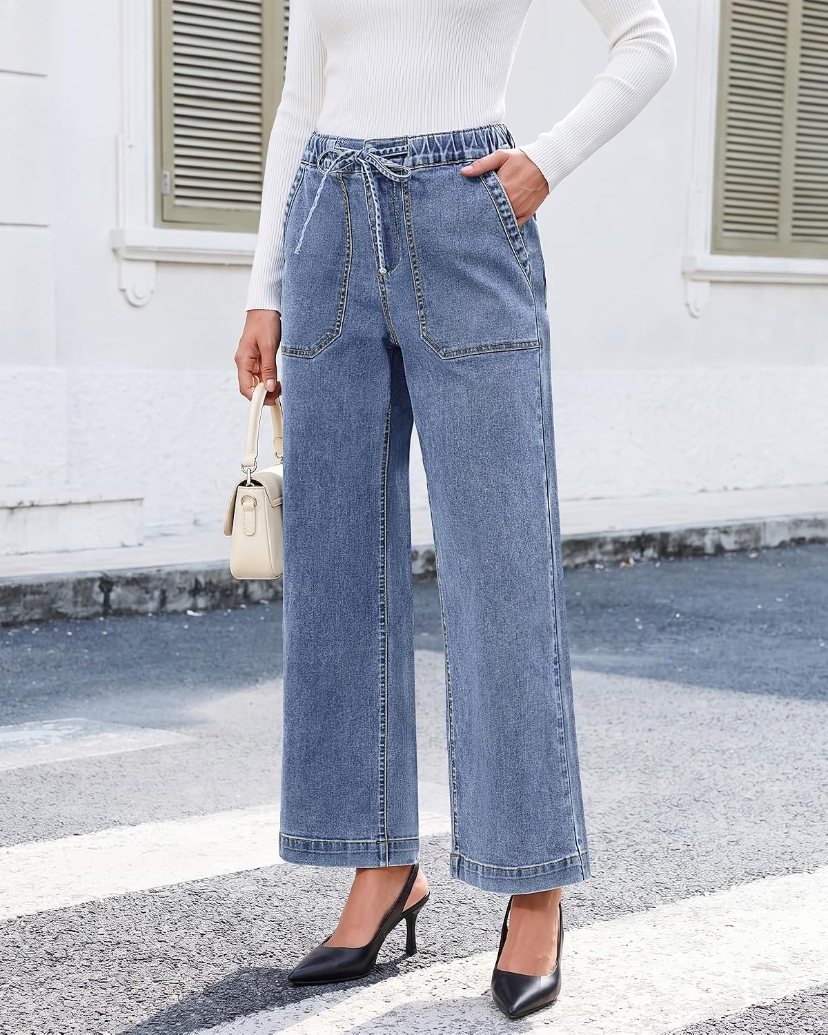 image:imageLookbookStore Drawstring Wide Leg Jeans for Women Baggy Pull On Denim PantsAfter Dust Blue