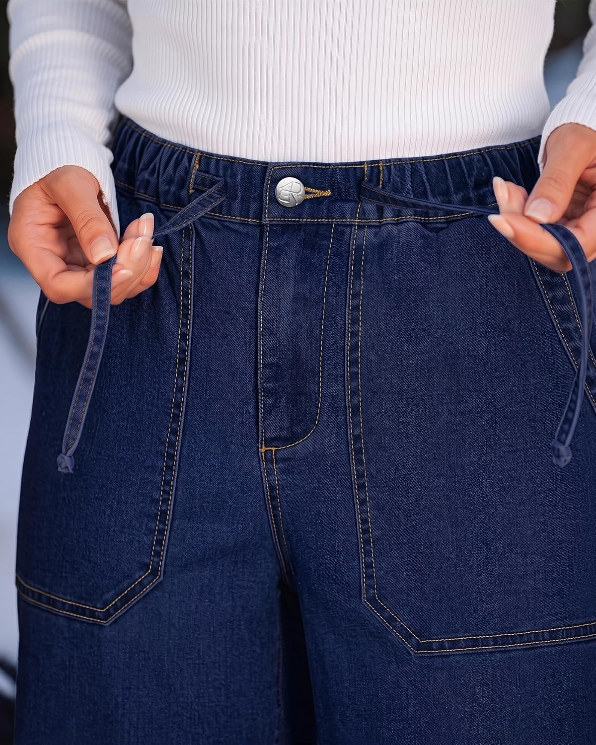 image:imageLookbookStore Drawstring Wide Leg Jeans for Women Baggy Pull On Denim PantsDarkness Blue