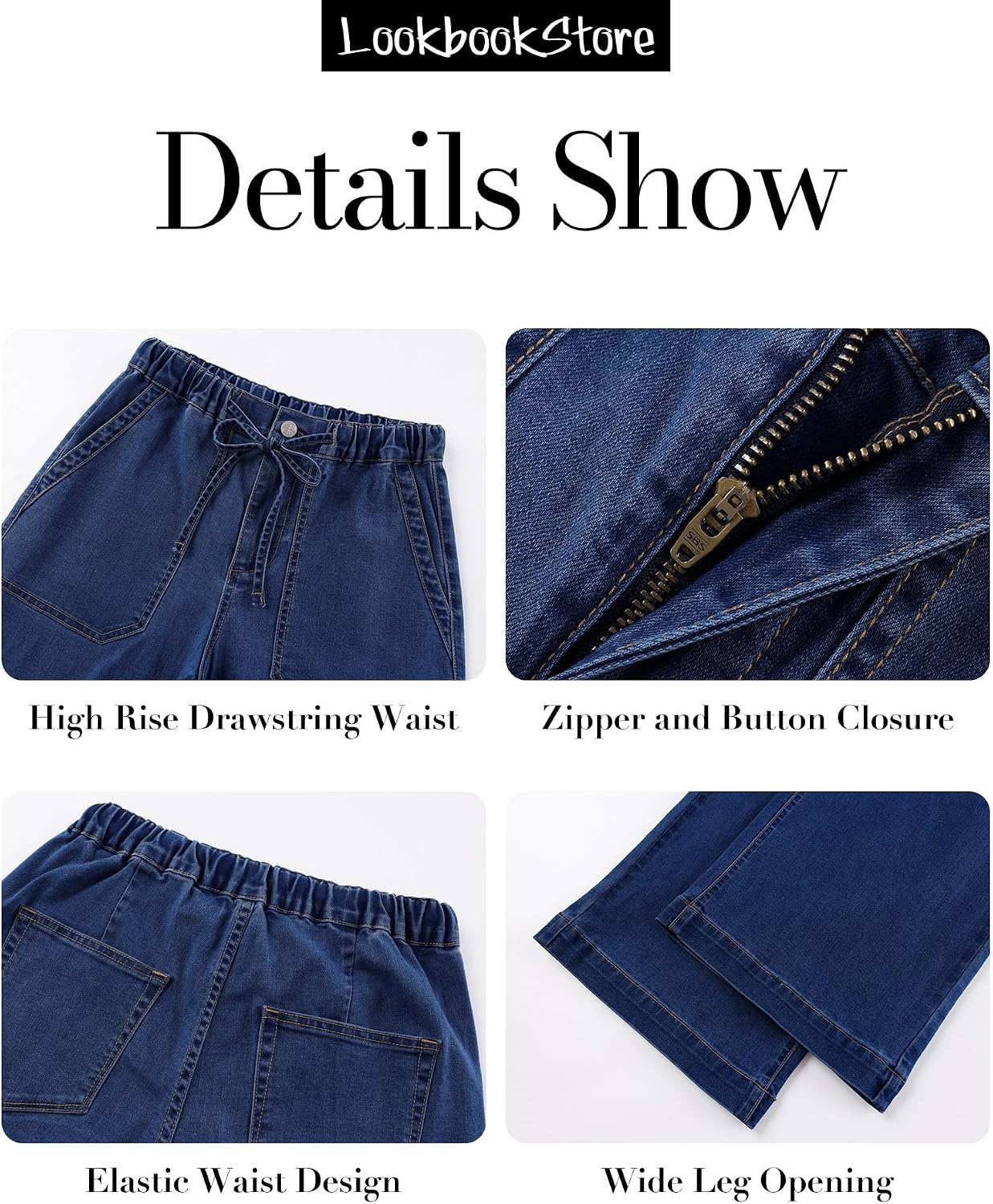 image:imageLookbookStore Drawstring Wide Leg Jeans for Women Baggy Pull On Denim PantsDarkness Blue