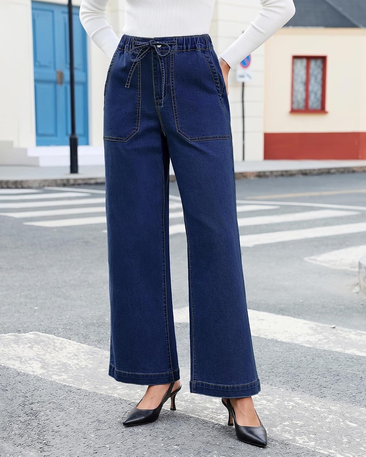 image:imageLookbookStore Drawstring Wide Leg Jeans for Women Baggy Pull On Denim PantsDarkness Blue