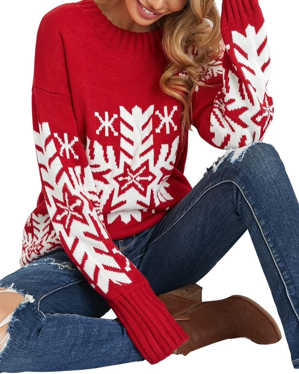 image:imageLookbookStore Christmas Sweaters for Women Crewneck Pullover Holiday OutfitZ Red Snowflake