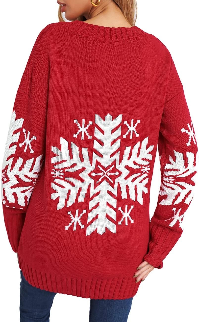 image:imageLookbookStore Christmas Sweaters for Women Crewneck Pullover Holiday OutfitZ Red Snowflake