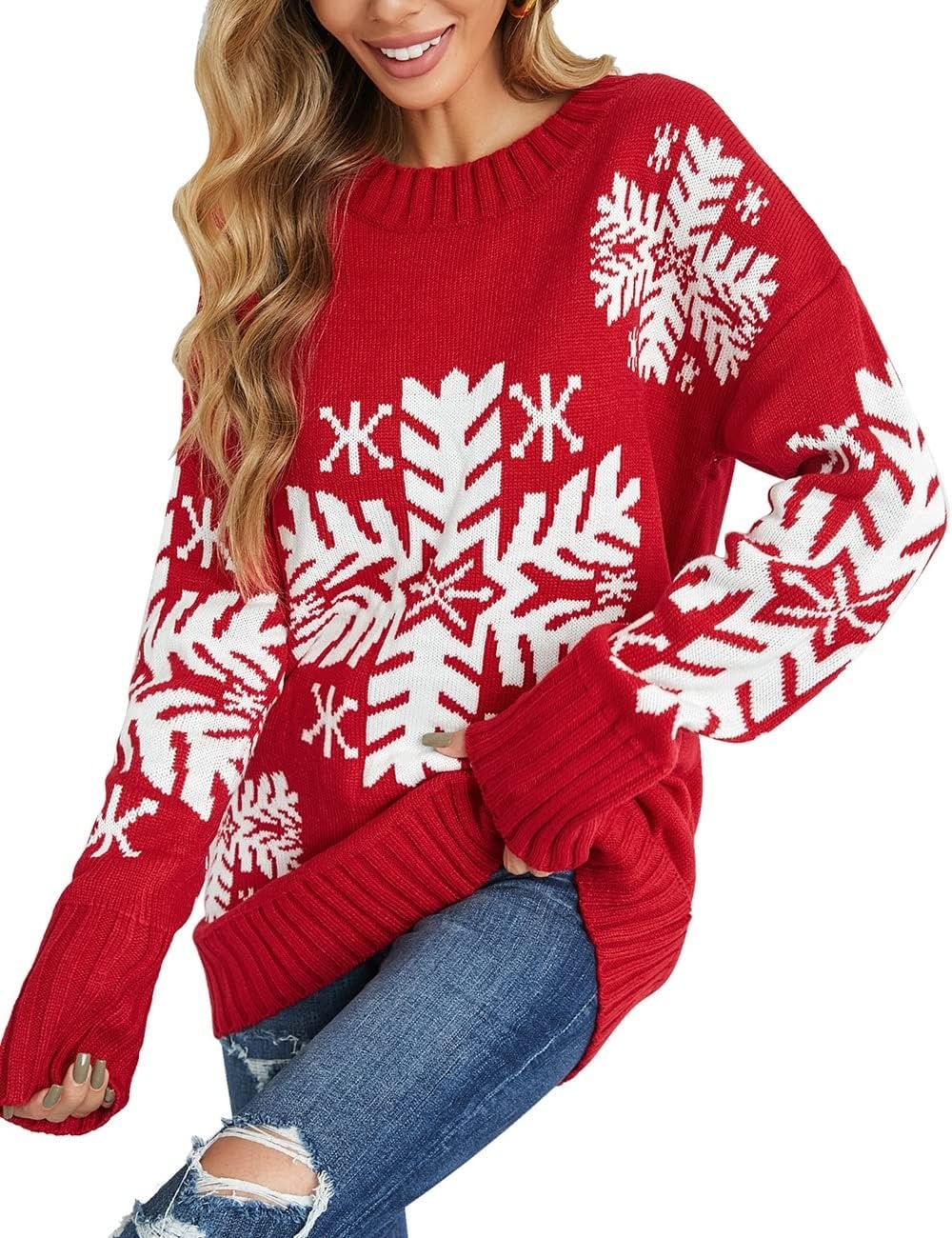 image:imageLookbookStore Christmas Sweaters for Women Crewneck Pullover Holiday OutfitZ Red Snowflake